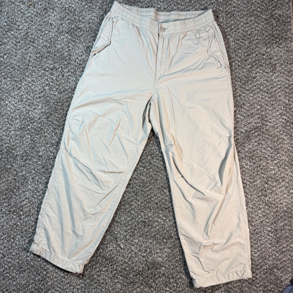 Size Medium Uniqlo Mens Relaxed Fit Cotton Beige Khaki Elastic Waist Pants - Picture 2 of 10